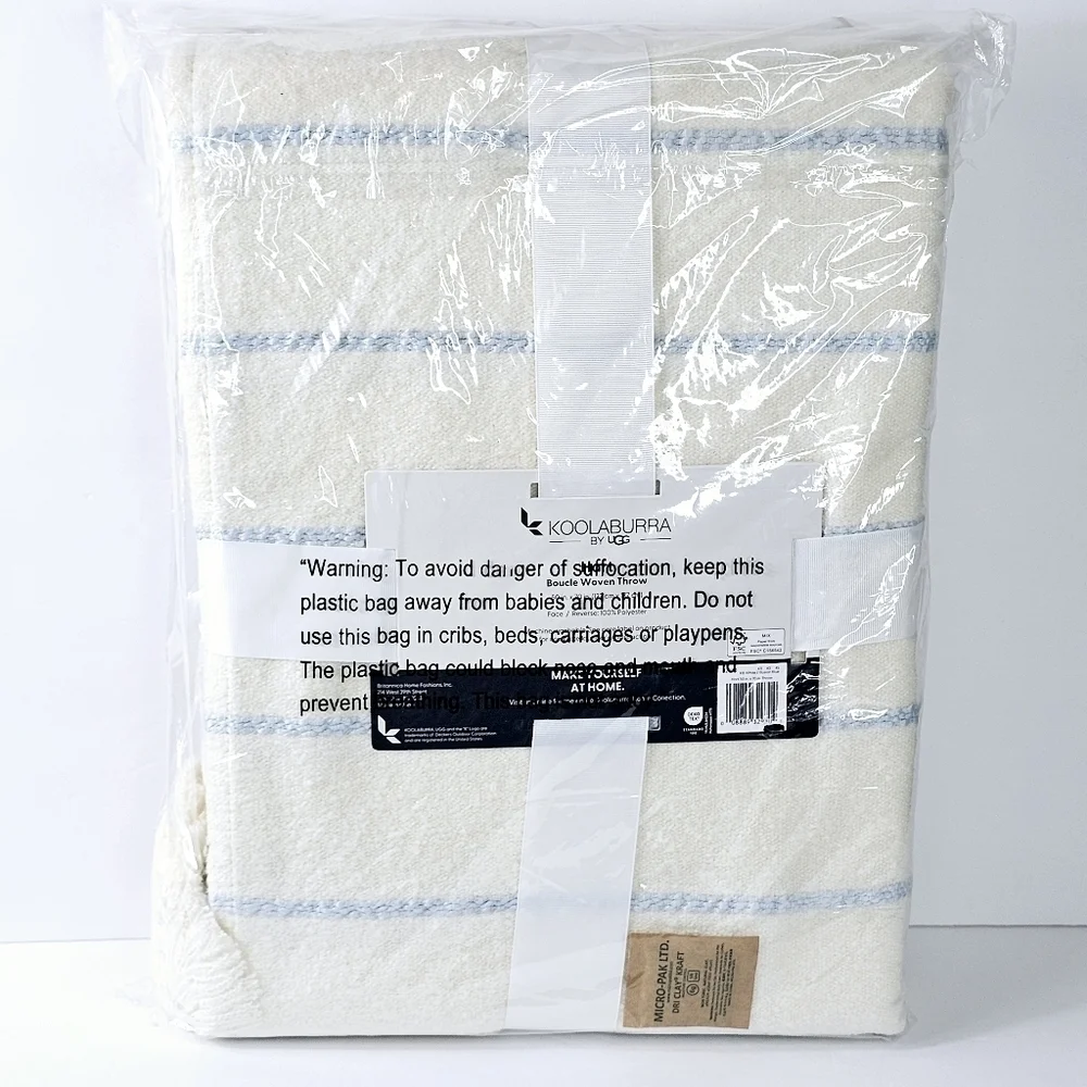 New! UGG Koolaburra Boucle Woven Tassel Cream Baby Blue Stripes Throw Blanket